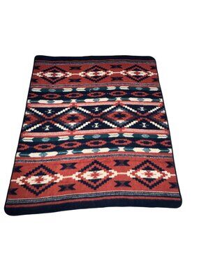 Southwestern Style Wool Blend Blanket 71x80 Aztec Tribal Geometric Patterns READ
